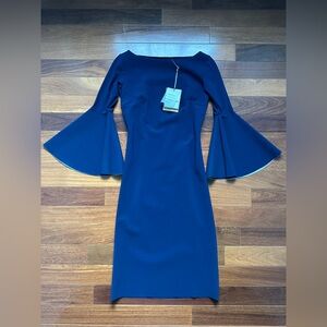 NEW Chiara Boni Womens US 6 Fitted Bell Sleeve Sheath Dress Navy Italy 42